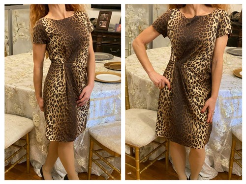 ABITO DA COCKTAIL MOSCHINO MARRONE STAMPA LEOPARDO CAPPUCCIO MANICA RUCHED TUBINO RACCOLTO ML