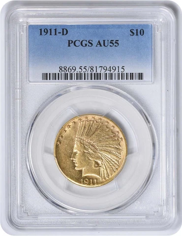 1911-D $10 Gold Indian AU55 PCGS Cover