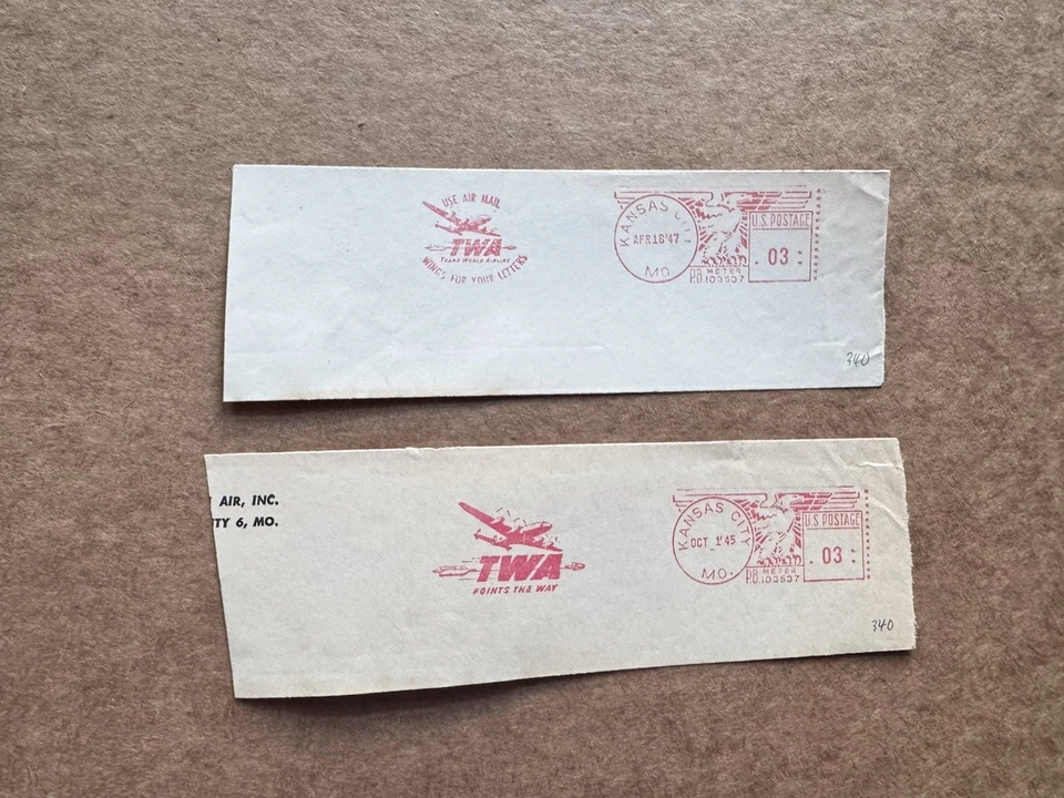 Medidor de línea aérea de EE. UU. pieza cortada (340) + eslogan Fly TWA Jumbo Jets de la década de 1940 + 2 fuentes Foto 1 de 1