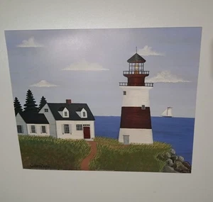 Colleen Sgroi View Of The Lighthouse Cottage Ocean Boat Mountainside Scene Litho - Picture 1 of 1