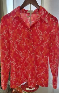 70s Alex Colman Womens Long Sleeve Point Collar Shirt Geometric Print Red Orange - Picture 1 of 6