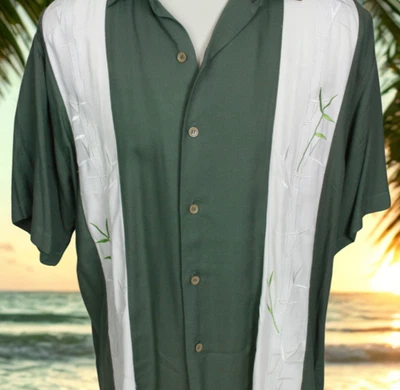 PARADISE KEY Men’s Hawaiian Shirt All Silk Embroidered Bamboo Panel Front Large - Image 1 of 4