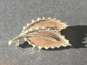 Vintage 60s Sarah Coventry Wooded Beauty Double Leaf Gold Tone Brooch Pin - Bild 1 von 4