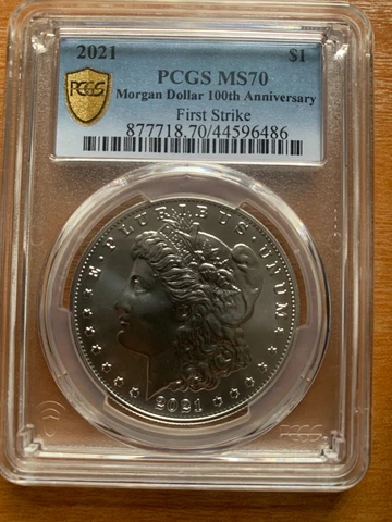 2021 Morgan Silver Dollar PCGS MS 70 100th Anni Gold Shield First Strike OGP Cover