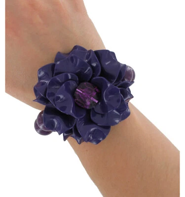 Large Oversized 3D Purple Flower Corsage Jeweled Beaded Stretch Bracelet - Image 1 of 4