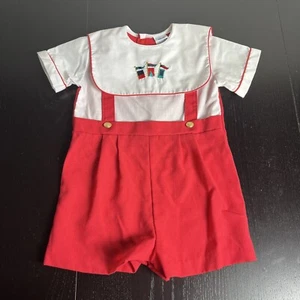 Vintage 80s Alexis Baby Boy 24M One-Piece Short Romper Red White Nautical - Picture 1 of 9