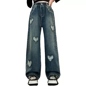 Kids Girls Pants Heart Trousers Wide-Leg Jeans High Waist Dailywear Dance Jazz - Picture 1 of 18