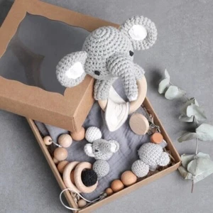 3pcs New Born Gift Handmade Crochet Toy Organic Cotton Elephant Muslin Blanket - Picture 1 of 5