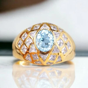 Aquamarine Gemstone With 925 Sterling Silver Gold Plated Ring For Men's #BL242 - Picture 1 of 8