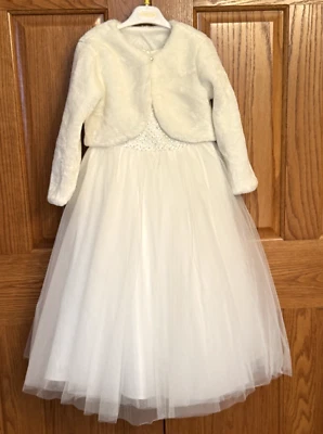 LOVELY Flower Girl M Pageant Special Occasion Formal White Beaded Dress w Jacket - Image 1 of 4