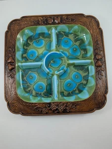 Treasure Craft MCM Ceramic Divided Serving Dish Tray Teal Drip Glaze 13.375" - Picture 1 of 18