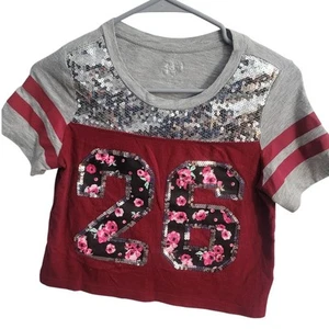 Justice Number 26 Girl's Gray Shiny Sequins Jersey Shirt Top Size 14 - Picture 1 of 3