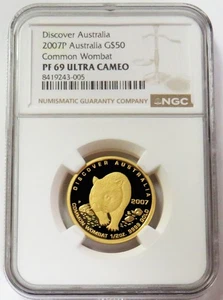 2007 GOLD 253 MINTED $50 COMMON WOMBAT DISCOVER AUSTRALIA 1/2oz NGC PF 69 UC - Picture 1 of 2