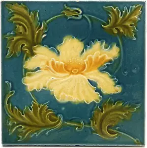 Antique Fireplace Tile Moulded Majolica Floral Design C1902 AE9 - Picture 1 of 3