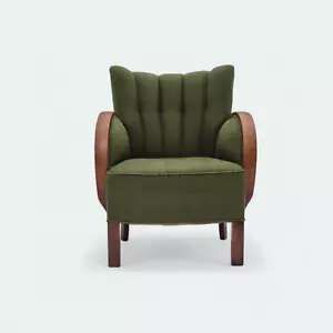 50er Jahre, Dänischer Artdeco Sessel, grüne Möbel Wolle, Buchenholz, Original. - Bild 1 von 23