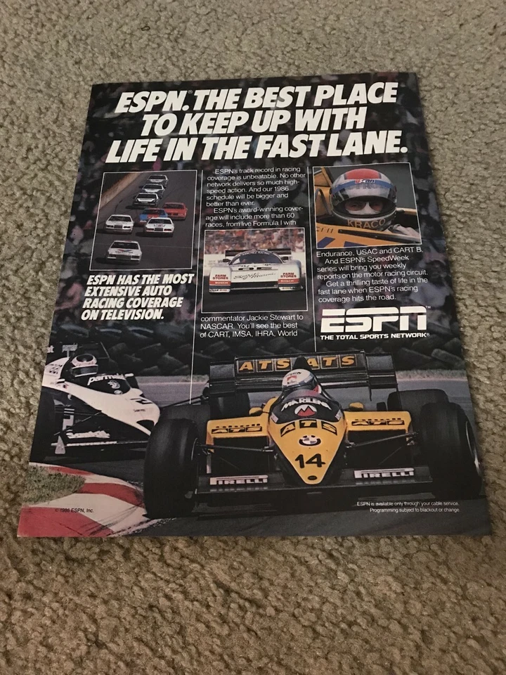 Anuncio impreso de cartel vintage 1986 ESPN NASCAR & INDY CAR RACING AÑOS 80 RARO Foto 1 de 1