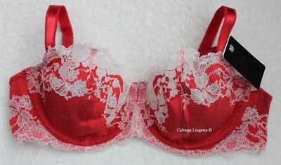 NUEVO CON ETIQUETAS WACOAL 851256 "Lace Affair" Sujetador de encaje Balconette copa suave, rojo/blanco, 32C Foto 1 de 4