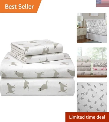 Sábanas Queen 180 GSM Terciopelo Sensación Algodón Franela - Diseño Gato Estampado, 4 Piezas Foto 1 de 4