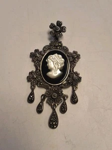 Ciondolo vintage in argento sterling cammeo su onice nera 925 - Foto 1 di 5