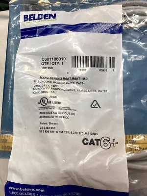 Belden Cat 6+ CMR Mod Patch Cord, Bonded Pairs, Grey, 10ft Length, C601108010 - Image 1 of 4