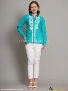 Green Drisha Mulmul Cotton Chikankari Shirt Lucknow Chikankari Handmade Shirt - Picture 1 of 8