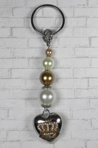 Heart Crown Glass Pearl Beaded Handmade Keychain Split Key Ring Ivory Gold Ecru - Picture 1 of 4