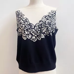St John Collection Strickoberteil Marie grau weiß & schwarz Blumen ärmellos Gr. M - Bild 1 von 11