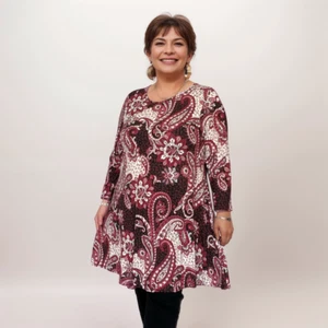 ROCKTHOSECURVES WOMENS SWING TOP WINE PAISLEY 3/4 SLEEVE A-LINE PLUS SIZE BLOUSE - Picture 1 of 4