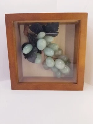 Beautiful Vintage JADE GRAPES Stone Grapes Carved Leaves In 7×7×2 Wood Frame - Image 1 of 4