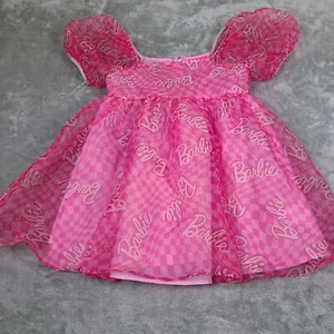 Girl's Pink Barbie Logo Puff Dress Size XL 14 Balloon Sleeves Tulle Puff Skirt - Picture 1 of 11