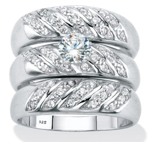 ROUND CZ BRIDAL 3 PIECE RING SET BANDS PLATINUM STERLING SILVER 6 7 8 9 10 - Picture 1 of 2