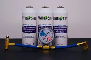 134 Replacement Refrigerant w/ Stop Leak 3 cans, Brass Gauge - Picture 1 of 4