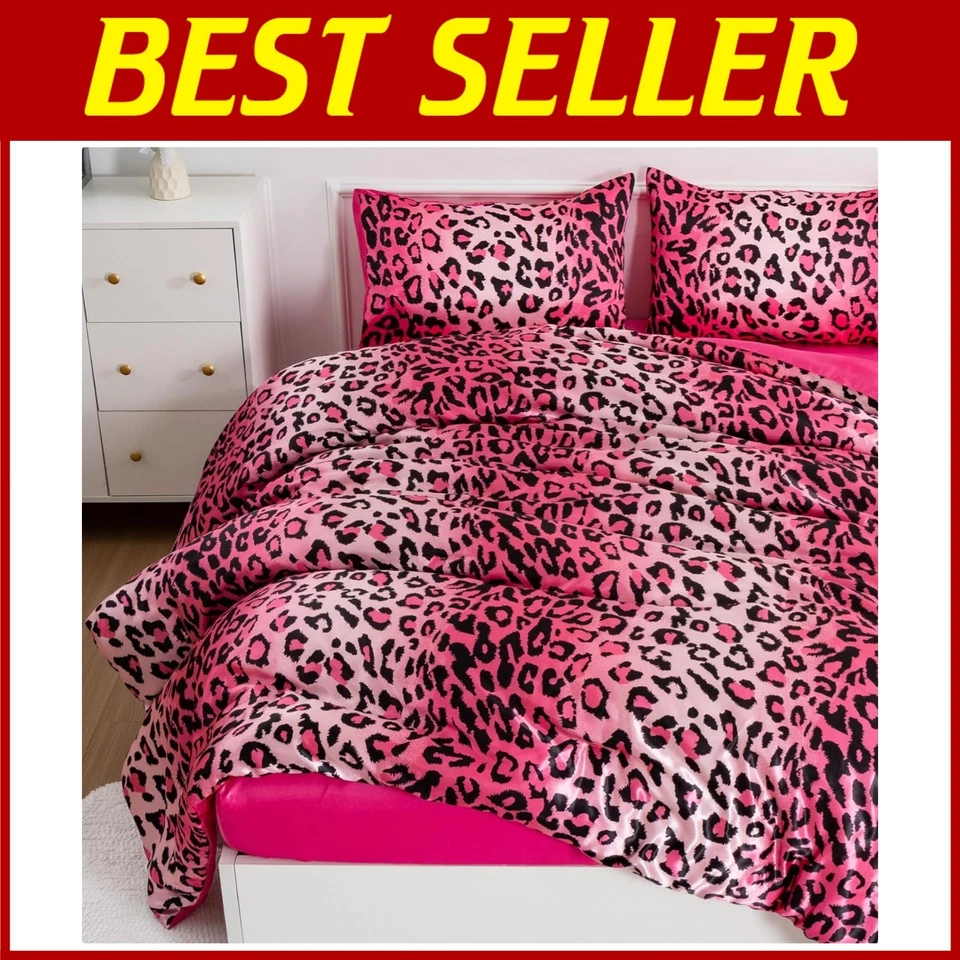 Juego de edredón contemporáneo con estampado de leopardo rosa, reina Foto 1 de 4