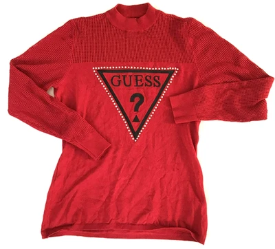 Y2K Guess Womens Top Mesh Rhinestone Designer Logo Red Light Knit Size L - Image 1 of 4