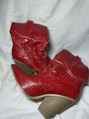 女式红色懒人尖头粗跟蛇皮西靴 — 第 1/4 张图片