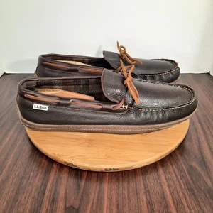 LL Bean Hand Sewn Slippers Mens Size 14 Shoes Flannel Lined Brown Leather 212164 - Picture 1 of 10