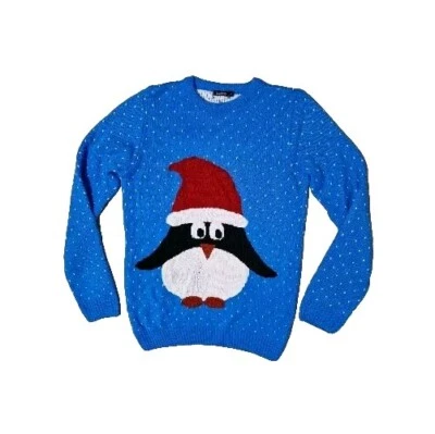 Boohoo Penguin Christmas Jumper Womens Small Blue White Red Black Knit Ribbed - Image 1 of 4