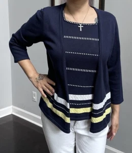 alfred dunner navy yellow white layered sweater size L petite - Picture 1 of 10