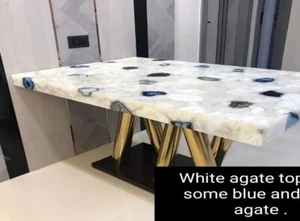 48"x36" White & Blue Agate Dining Table Top Mosaic Stone Handmade Furniture - Picture 1 of 3