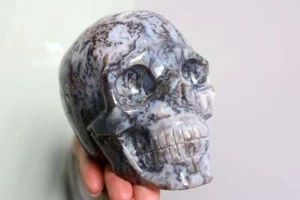 2.66LB Natural Moss Agate Carved Skull Reiki Crystal Skull Decor Halloween Gift - Foto 1 di 10