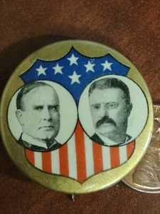 1900 MCKINLEY & ROOSEVELT STARS & STRIPES SHIELD JUGATE BUTTON Pin William Teddy - Picture 1 of 3