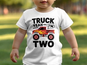 Boys 2nd Birthday T Shirt Monster Truck Yeah I'm Two White T Shirt For Boys - Picture 1 of 5