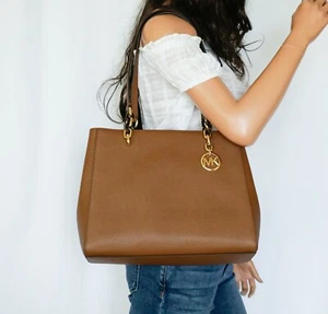 MICHAEL KORS SOFIA LARGE SAFFIANO LEATHER SHOULDER TOTE BAG LUGGAGE - Picture 1 of 12