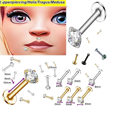 Lippenpiercing Labret Kristall Tragus Helix Ohr Medusa Universal Silber - Bild 1 von 4