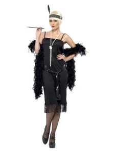 Black Flapper Costume Adult 8-10 Small Fancy Dress 1920s 30s Sash Belt Headpiece - Picture 1 of 21