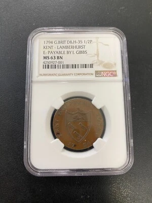 1794 GREAT BRITAIN HALF PENNY NGC MS-63 - UNCIRCULATED - KENT LAMBERHURST - SLAB - Image 1 of 4