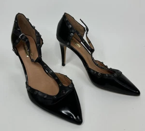 Halogen Pumps Women's 8.5 T Strap Synthetic Leather Studded Heels Shoes Black - Picture 1 of 7