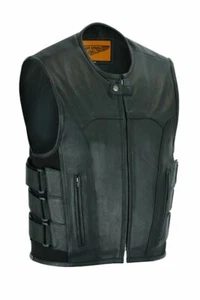Men's Black Tactical Leather Vest w/Neoprene Sides - Picture 1 of 4