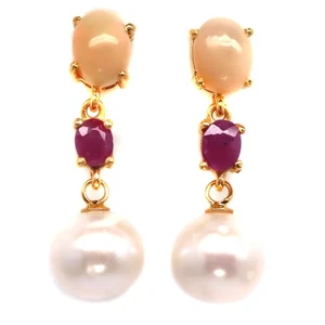 925 Sterling Silver 10 MM. White Pearl, Multicolor Opal & Pink Ruby Earrings - Picture 1 of 4