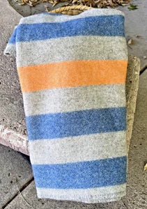 Vintage 100% Virgin Wool Throw Blanket Blue Gray Orange Stripes Made in USA - Picture 1 of 14
